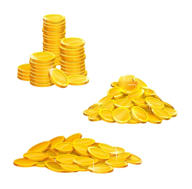 Cartoon golden coins pile and stacks gold money