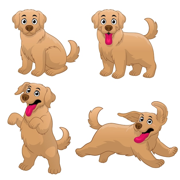 Cartoon golden retriever puppy impostato in varie pose