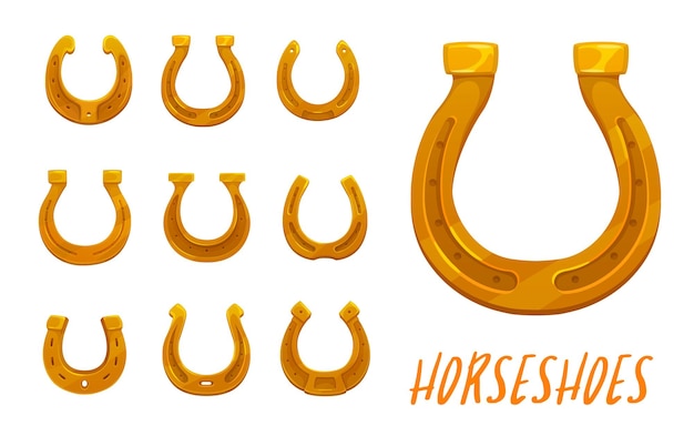 Cartoon golden vector horseshoes. Golden horse shoes, traditional good luck symbol, casino or St. Patricks day, lucky talisman, fortune or ui game asset elements. Isolated on white