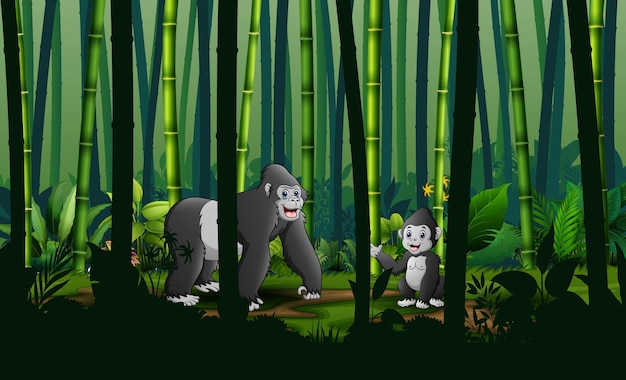 Cartoon a gorilla with her cub in bamboo forest