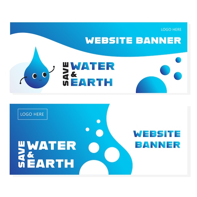 Мультяшная градиентная капля воды и баннер веб-сайта океана, баннер facebook, спасение воды и сохранение земли