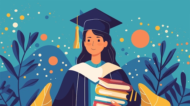 Vector a cartoon of a graduate with a stack of books and a diploma