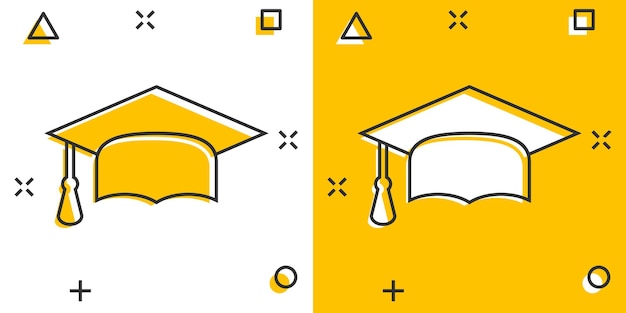 Cartoon graduation cap icon in comic style Finish education sign illustration pictogram Education business concept