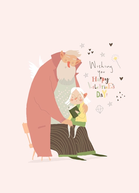 Vector cartoon grandfather with grandmother reading book together