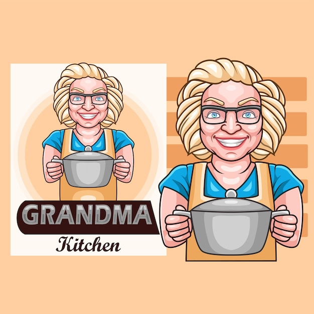 ベクトル ポットを保持している漫画おばあちゃんのキッチン