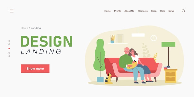 Cartoon grandparents and little grandchild. Flat vector illustration. Grandfather, grandmother sitting on couch, holding little baby in blue blanket with cat beside. Family, grandparents, pet concept