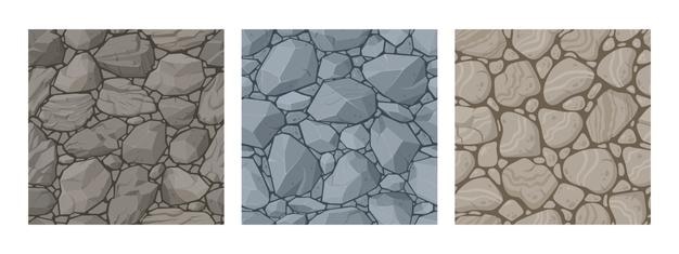 Cartoon granite rock stones texture seamless patterns vector symbols illustration set