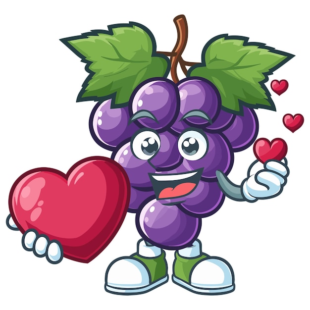 Vector cartoon grape character holding up a red heart mascot vector illustration on white background