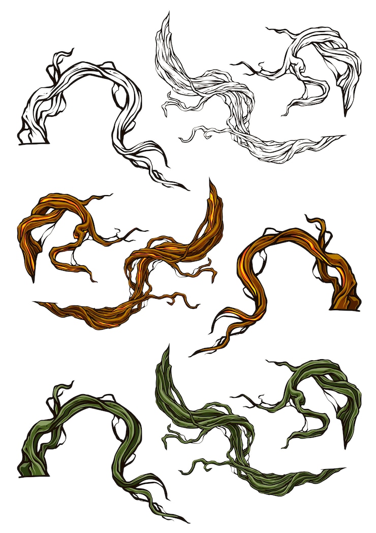 Vector cartoon graphic tree roots and branches set