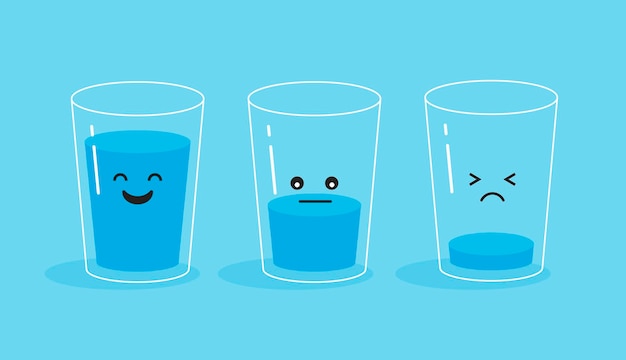 Cartoon grappig en verdrietig glas water vol en leeg glas drink meer water concept