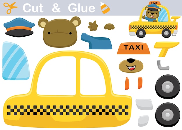 Cartoon grappige beer de taxichauffeur. onderwijs papier spel voor kinderen. uitknippen en lijmen