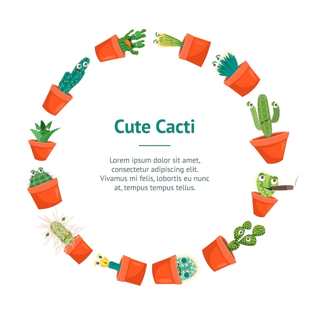 Cartoon grappige Cactus tekens Banner kaart cirkel Vector