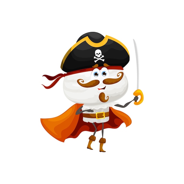 Cartoon grappige champignon piraat karakter vrolijke witte paddestoel geïsoleerde vector personage met saber dragen cape en corsair hoed gelukkig lachend champignon zeerover kapitein karakter