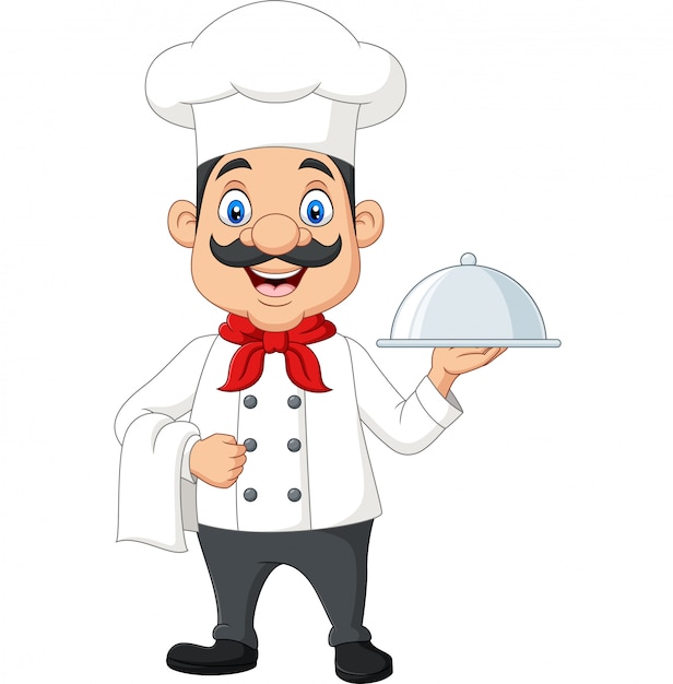 Cartoon grappige chef-kok met een snor met een zilveren schotel