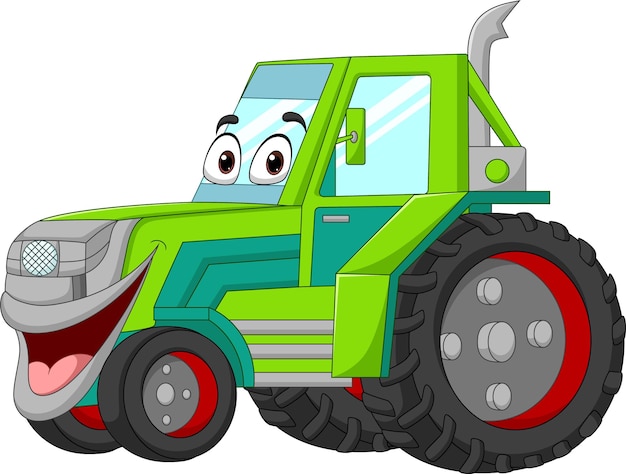 Cartoon grappige groene tractor mascotte karakter