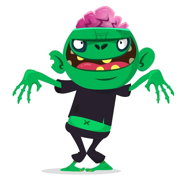 Cartoon grappige groene zombie met roze hersenen buiten het hoofd Halloween vectorillustratie geïsoleerd