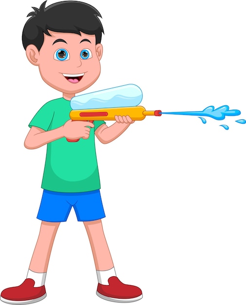 Cartoon grappige jongen die waterpistool speelt
