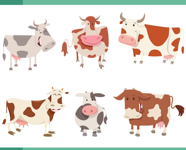 Cartoon grappige koeien boerderij dieren tekens instellen