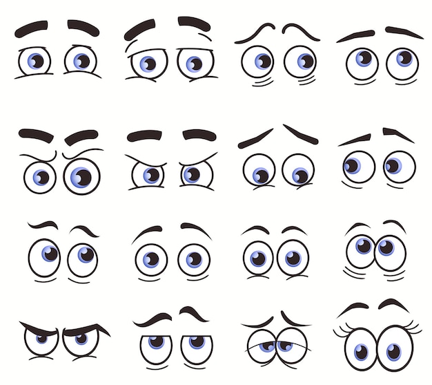 Vector cartoon grappige ogen. cartoon gezichten. expressieve ogen. glimlachend, blij, huilend en verrast karakter, collectie komische emoties. vector set