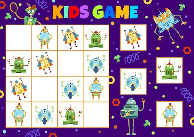 Cartoon grappige robots sudoku kinderspel werkblad