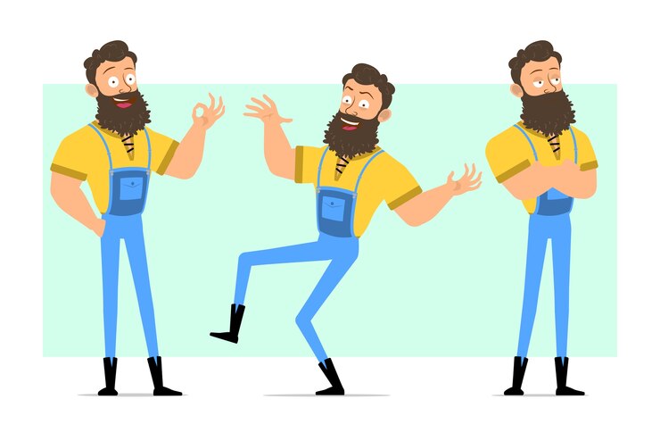 Cartoon grappige sterke bebaarde houthakker houdingen