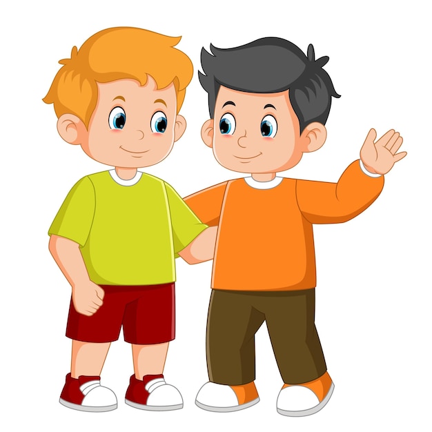 Cartoon grappige twee kleine jongens knuffelen