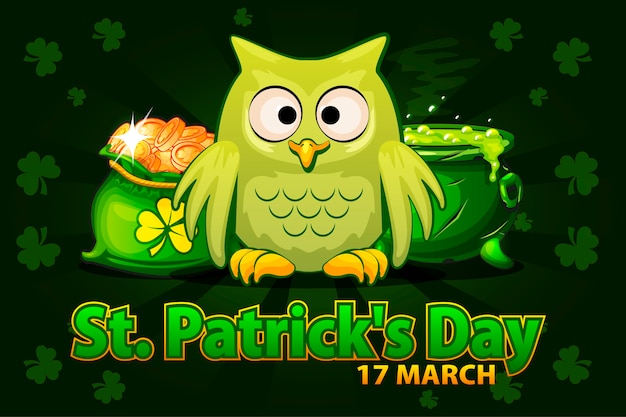 Cartoon grappige uil, geldzak en pot met toverdrank. Illustratie Voor Gelukkige St. Patrick Dag. Wenskaart, poster, banner. Objecten op een aparte laag