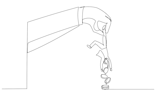 Cartoon of greed businessman hold small people shaking to get all their money Metaphor for tax hike government increase tax or steal money from people Single continuous line art style