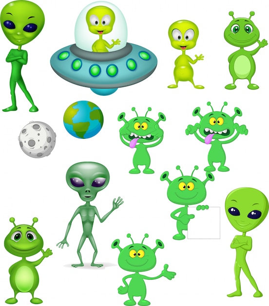 Vector cartoon green alien collection set