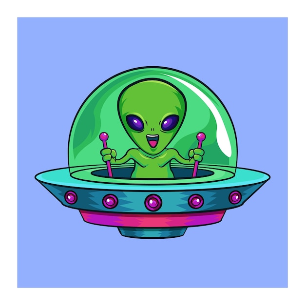 Vector a cartoon of a green alien in a green spaceship.