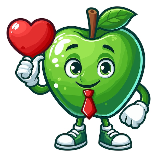 Vector cartoon green apple character holding up a red heart vector illustration on white background