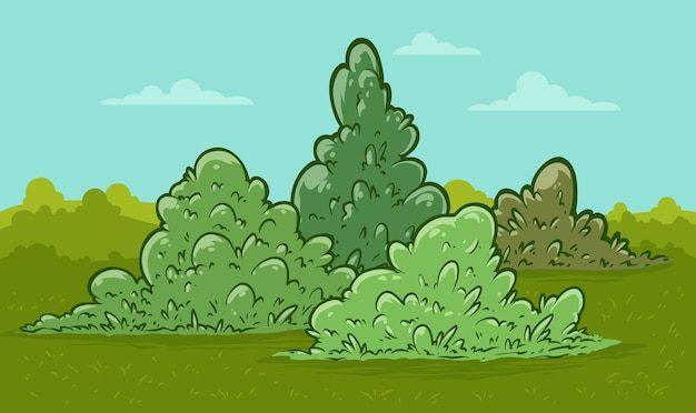 Cartoon green big bushes on lawn with clouds