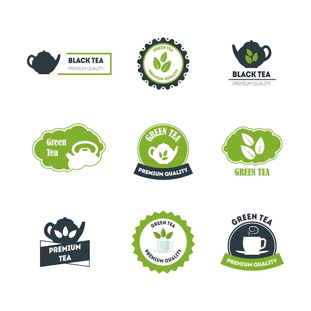 Cartoon Green and Black Tea Badges or Labels Set Quality Product Concept Element Flat Design Style Vector illustration of Badge and Label