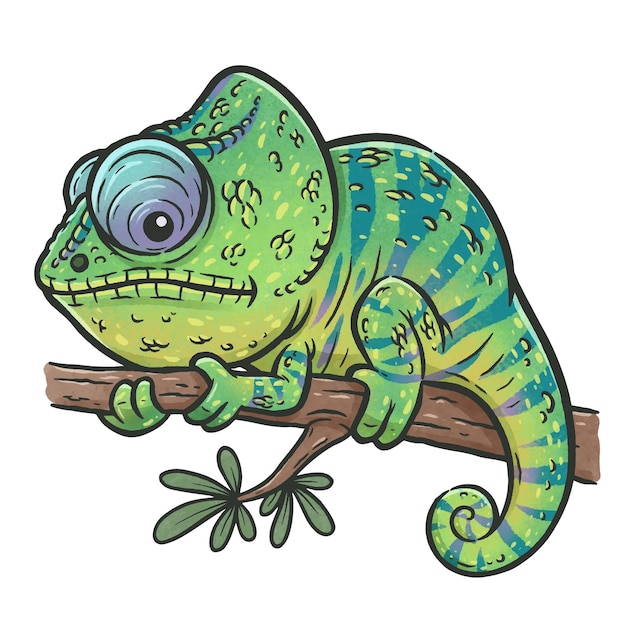 Cartoon green chameleon on tree branch