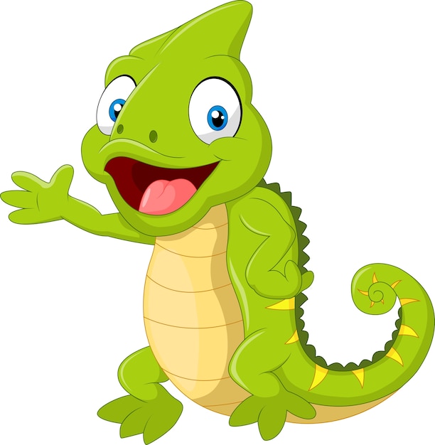 Cartoon green chameleon waving hand