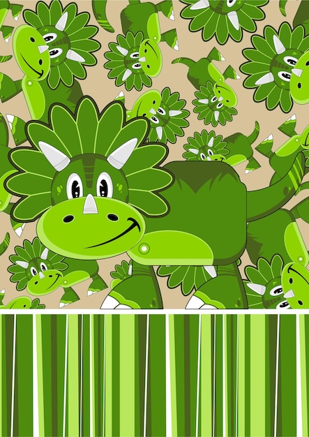 Vector cartoon green cretaceous period triceratops dinosaur character on a patterned background
