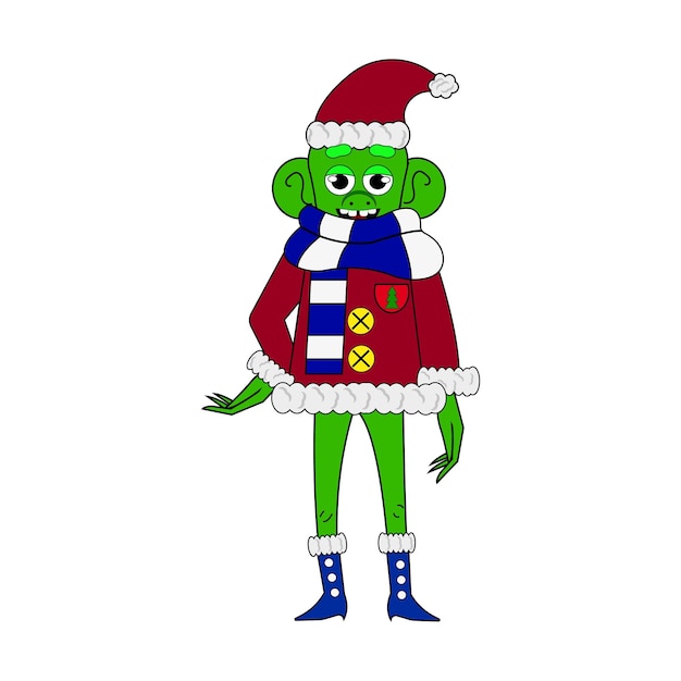 Scimmia carina verde cartone animato in costume da babbo natale illustrazione vettoriale tutti gli elementi sono isolati