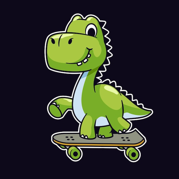 Cartoon green dinosaur playing skateboard