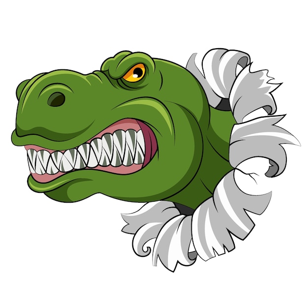 The cartoon of the green dinosaur with the sharp teeth out from the hole walls