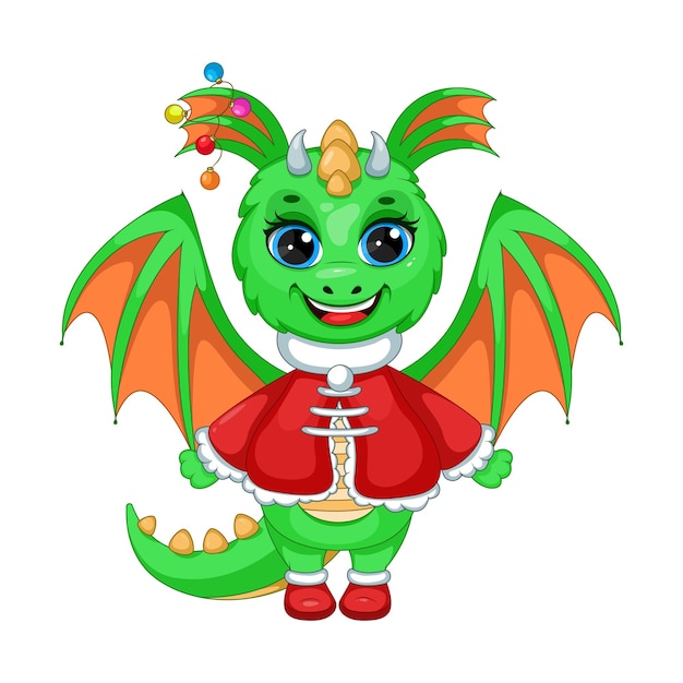 Vector cartoon green dragon with christmas toys