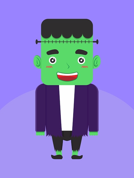 A cartoon of a green frankenstein with a purple background