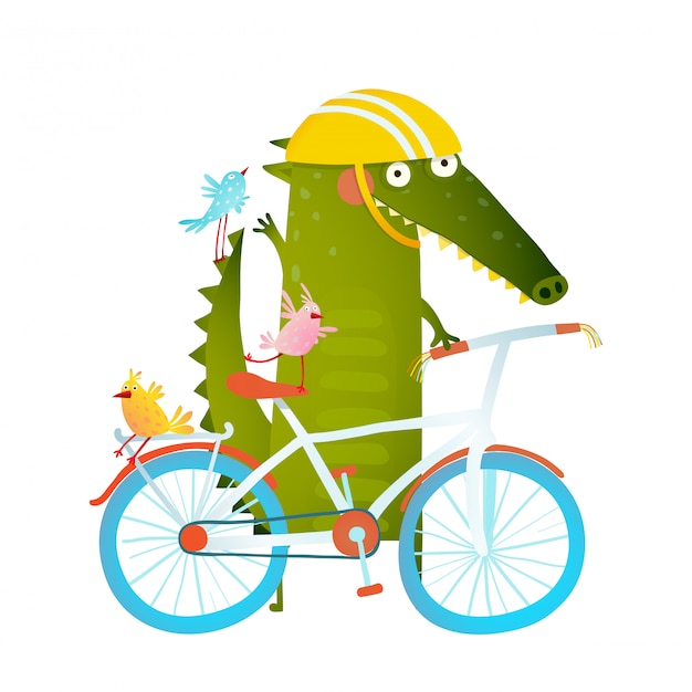 自転車と鳥の友達とヘルメットで漫画面白い緑のワニ