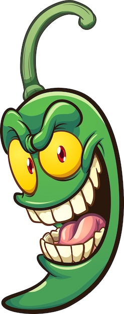 Cartoon green jalapeno pepper with crazy smile.