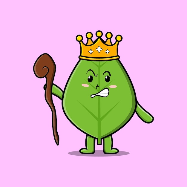 Cartoon green leaf as wise king with golden crown