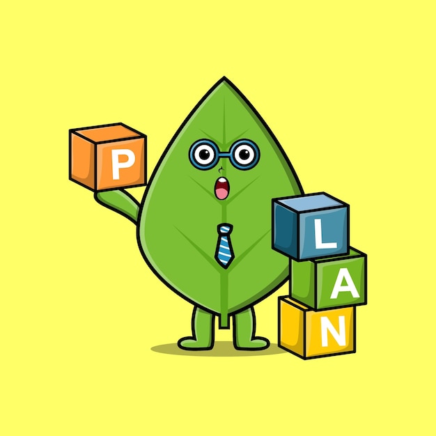 Cartoon green leaf businessman stacking plan box