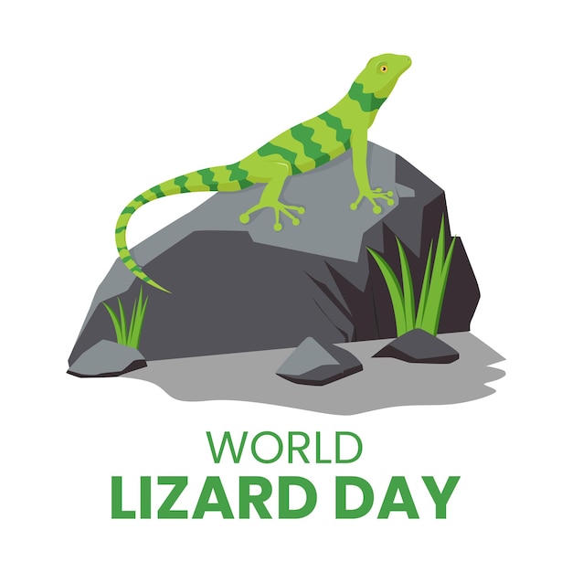 Cartoon green lizard on rock or stone suitable for world lizard day