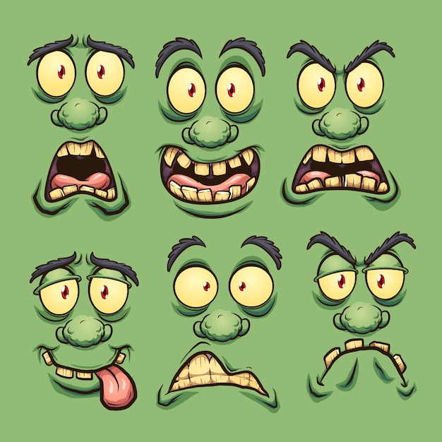 Cartoon green monster faces with different expressions.   clip art illustration.