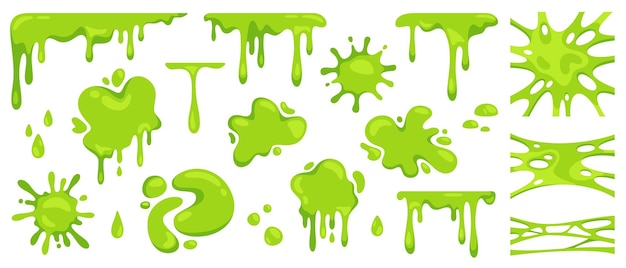 Vector cartoon green slime dripping mucus sticky liquid slimy blobs bright toxic stain slimes border messy splashes and splatter comic halloween drops elements for banner vector set