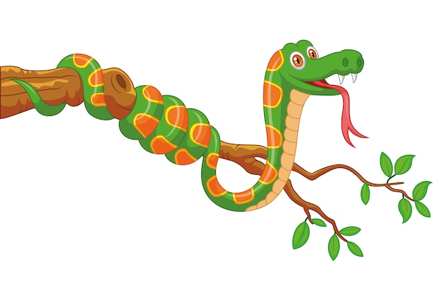 Vector cartoon green snake on branch