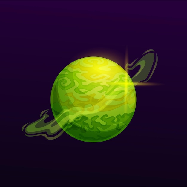 Vector cartoon green space planet with swirl haze ring